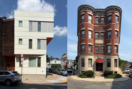 A modern building beside a traditional Allston building