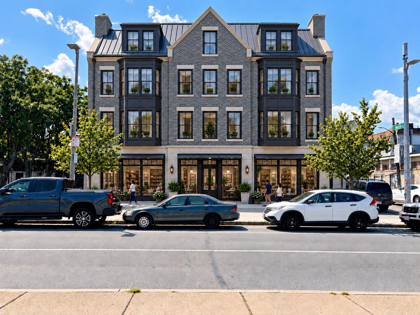 AI-generated concept for Brighton Avenue: Two deep bays and occupied-roof expression; about 4 levels